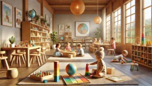 Feature image of a cozy Montessori learning space with children of various ages engaging in Montessori activities, such as playing with a wooden rattle, stacking blocks, solving puzzles, and exploring STEM projects, surrounded by eco-friendly materials in a warm, inviting environment