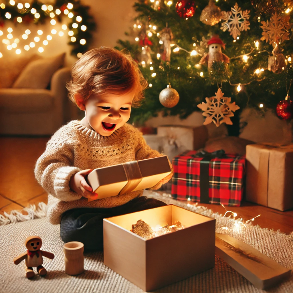 15-month-old baby unwrapping a Christmas gift with joy under a decorated Christmas tree