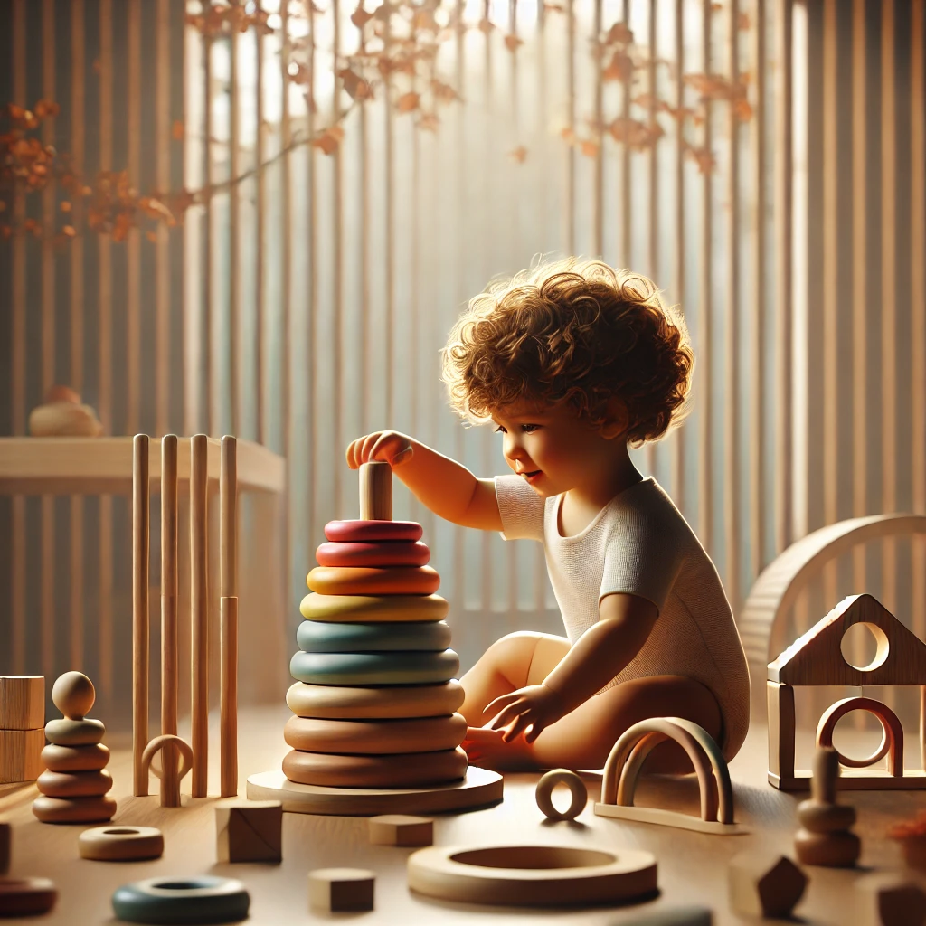 Toddler playing with Montessori stacking rings to enhance motor skills and cognitive growth