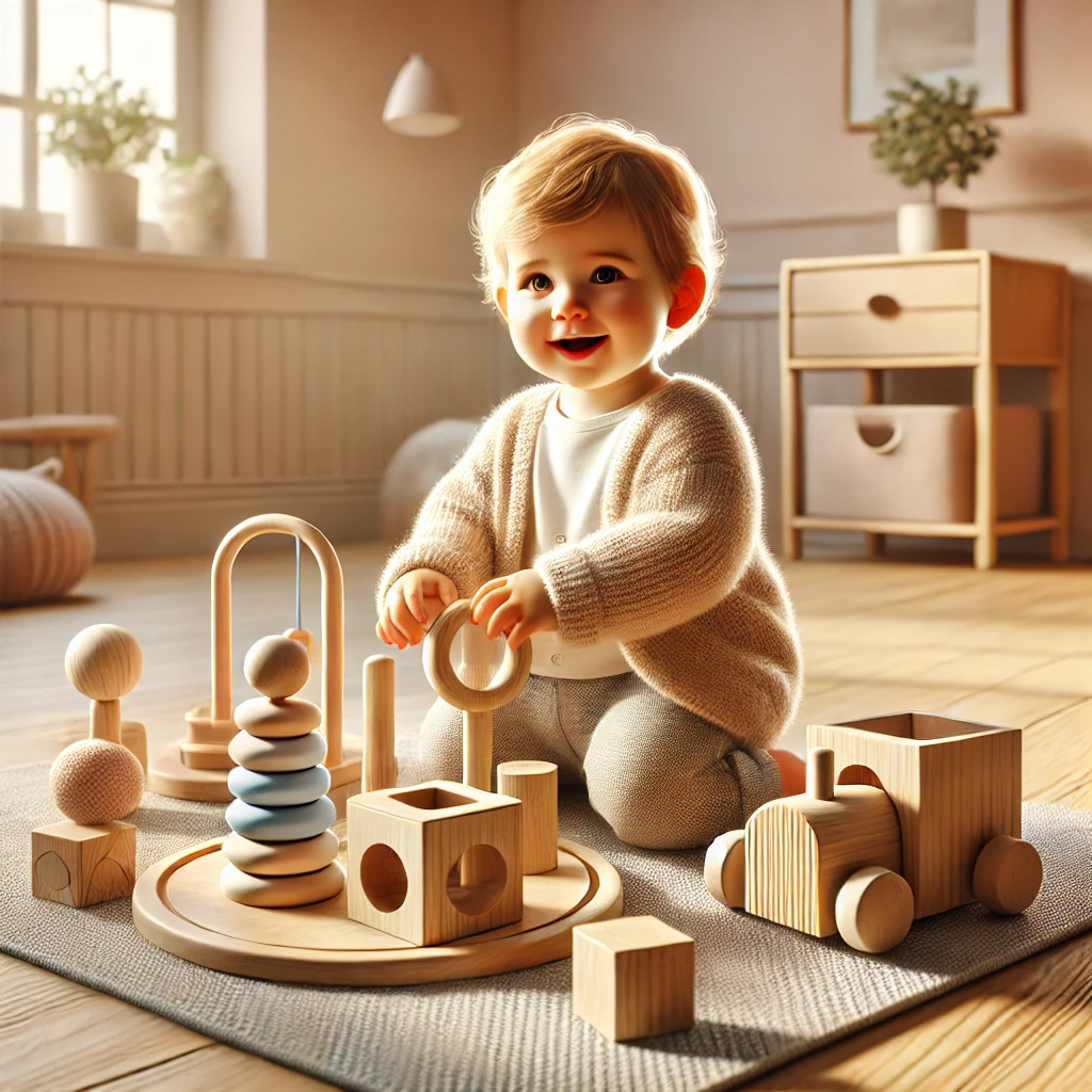 A happy toddler playing with wooden Montessori toys in a well-lit, child-friendly play area