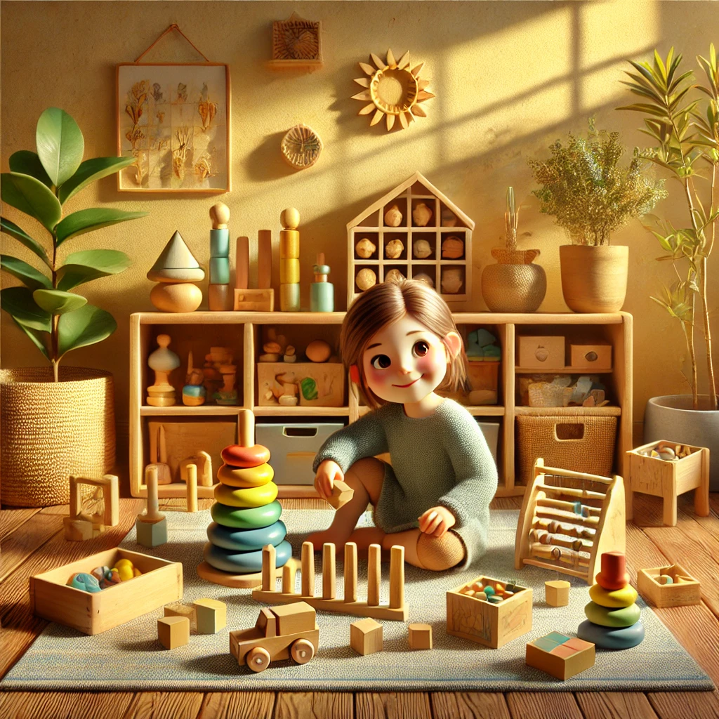 A curious 6-year-old playing with wooden Montessori blocks to build a tower