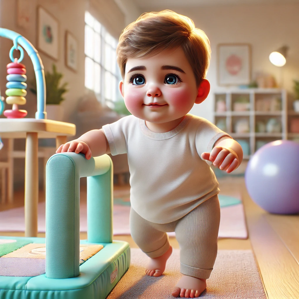 Baby standing and developing gross motor skills with support