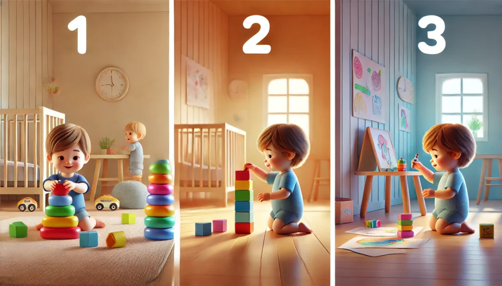 Illustration of toddler milestones: walking, stacking blocks, and drawing. Developmental stages of a child