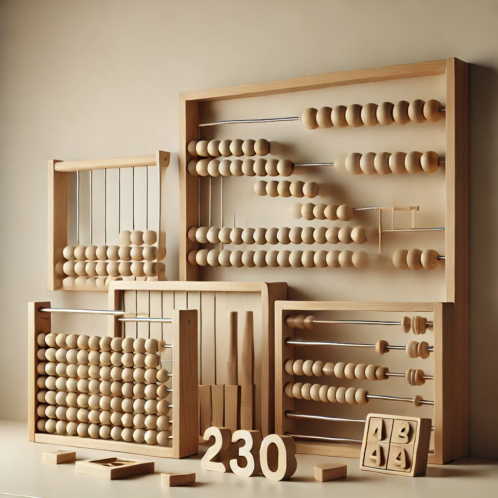 A set of Montessori toys, including wooden fraction puzzles, abacuses, and magnetic letters, laid out neatly on a table
