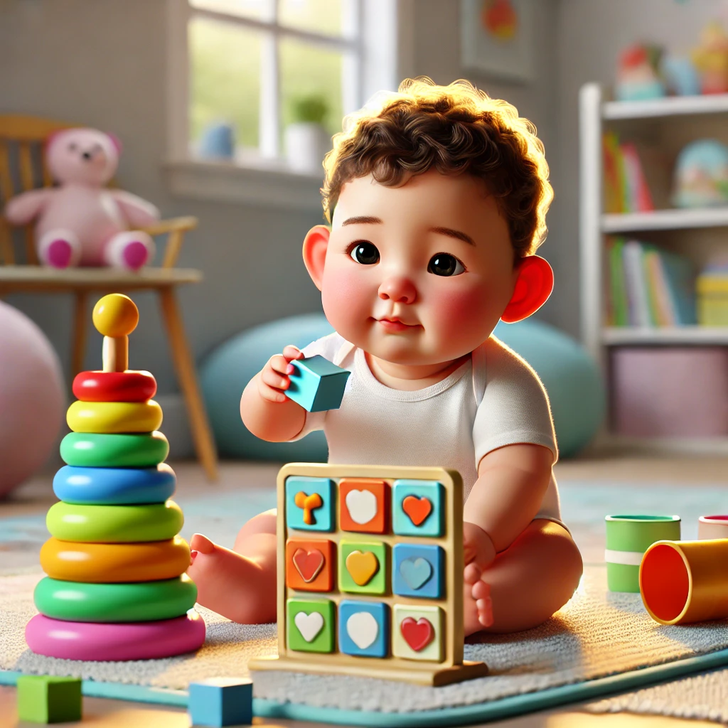 Baby practicing fine motor skills by stacking cups and using a shape sorter