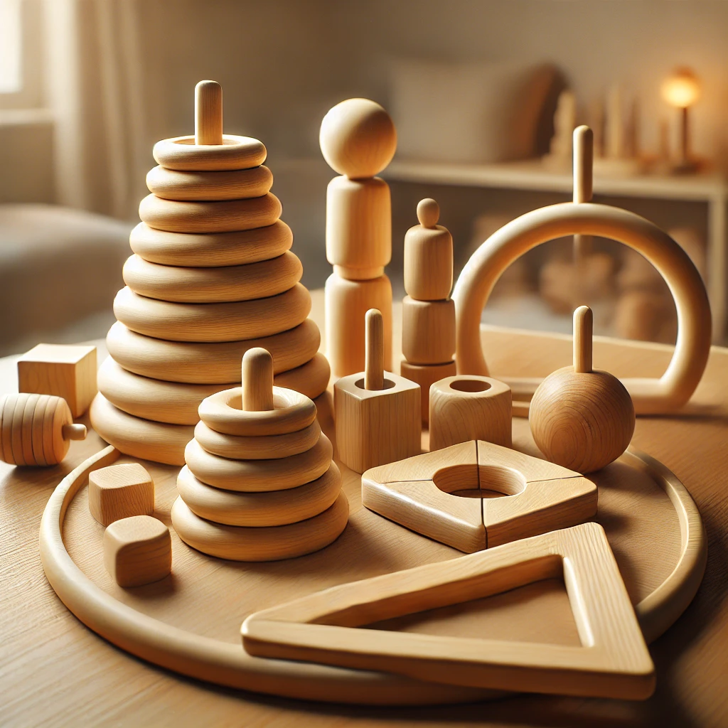 Montessori toddler toys: wooden stacking rings, puzzles, Pikler triangle for enhancing motor skills
