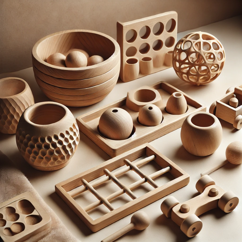 A selection of Montessori toys including shape sorters, stacking cups, and pull toys on a wooden play surface
Best Montessori Toys for 14-Month-Olds