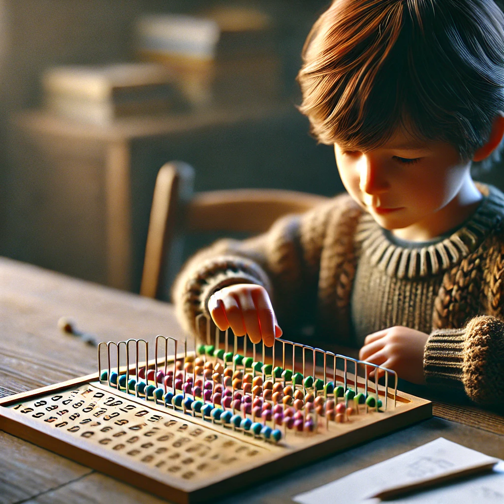 A child using a wooden multiplication board to solve math problems