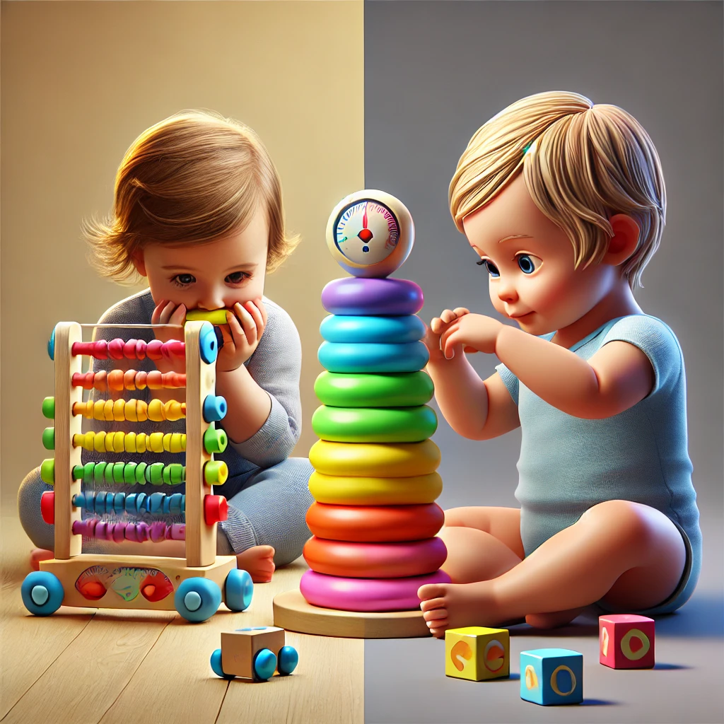 Comparison of a Montessori wooden toy vs. a flashy battery-operated toy, highlighting the benefits of independent play