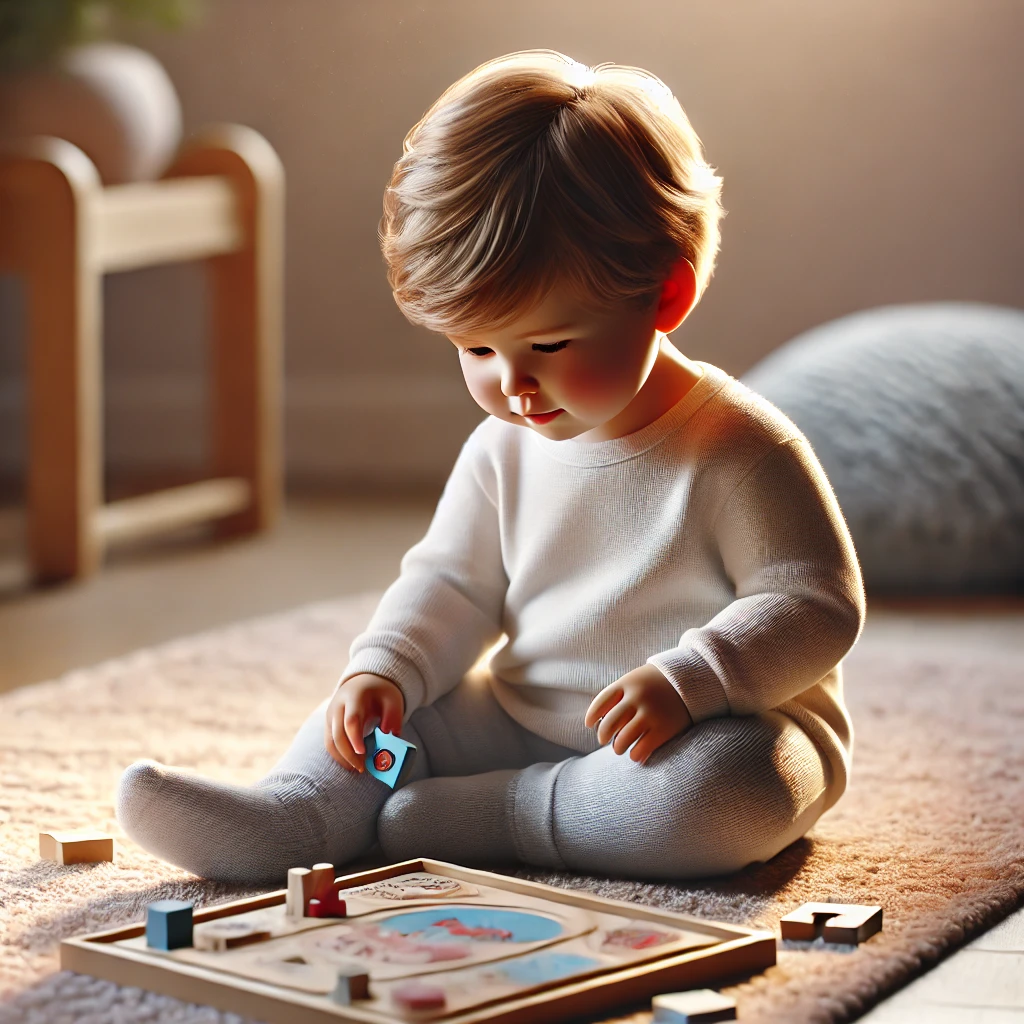 Toddler focused on Montessori toy, demonstrating emotional regulation and calmness