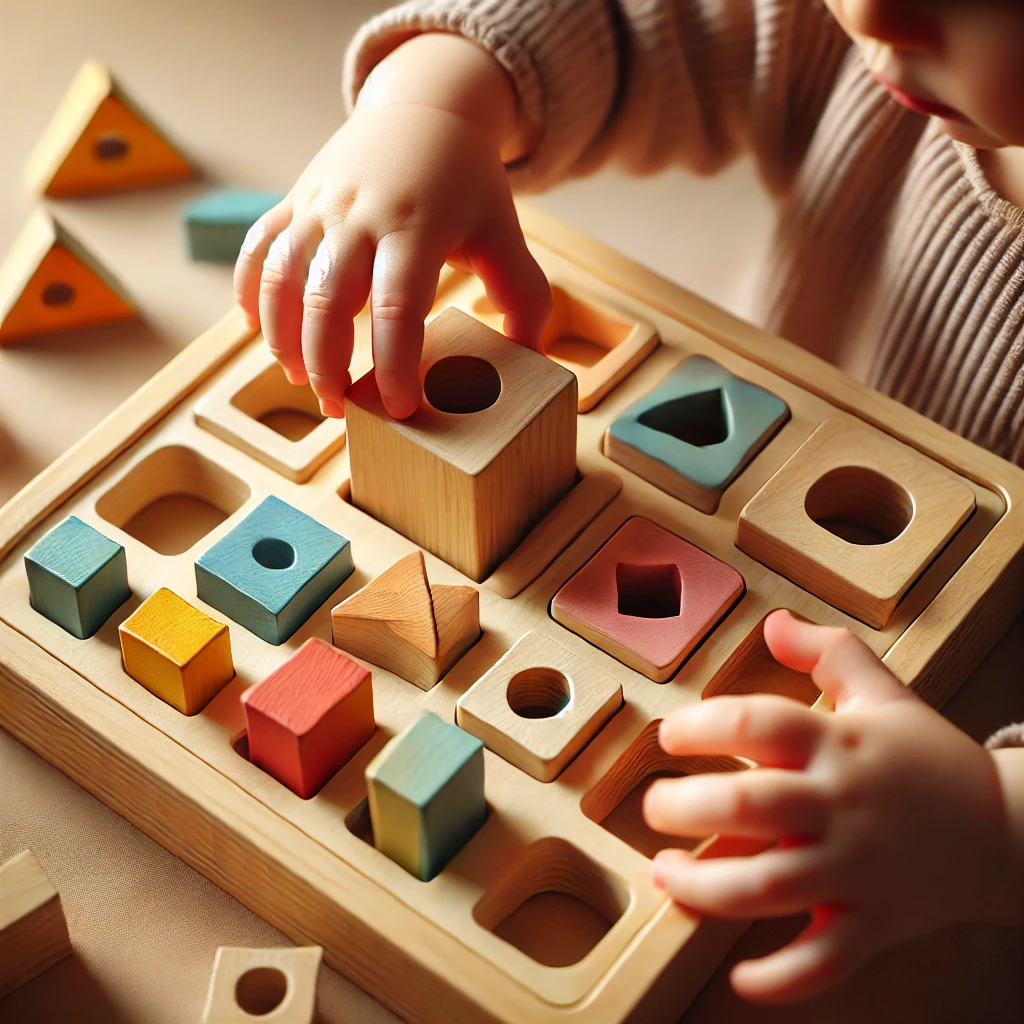 A toddler's hands placing a wooden shape into a shape sorter toy.