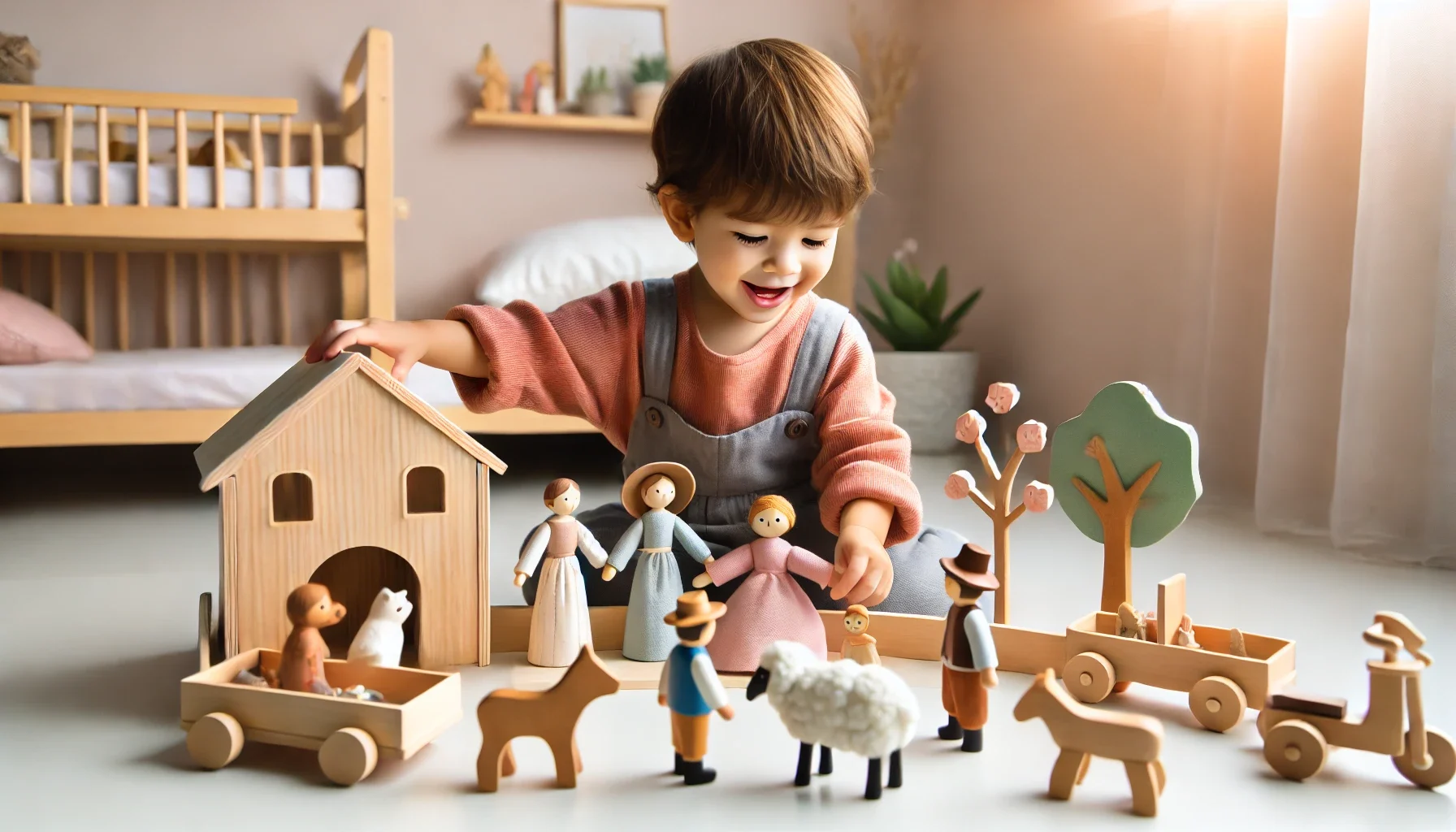 Toddler using Montessori toys for imaginative play, developing creativity and social skills