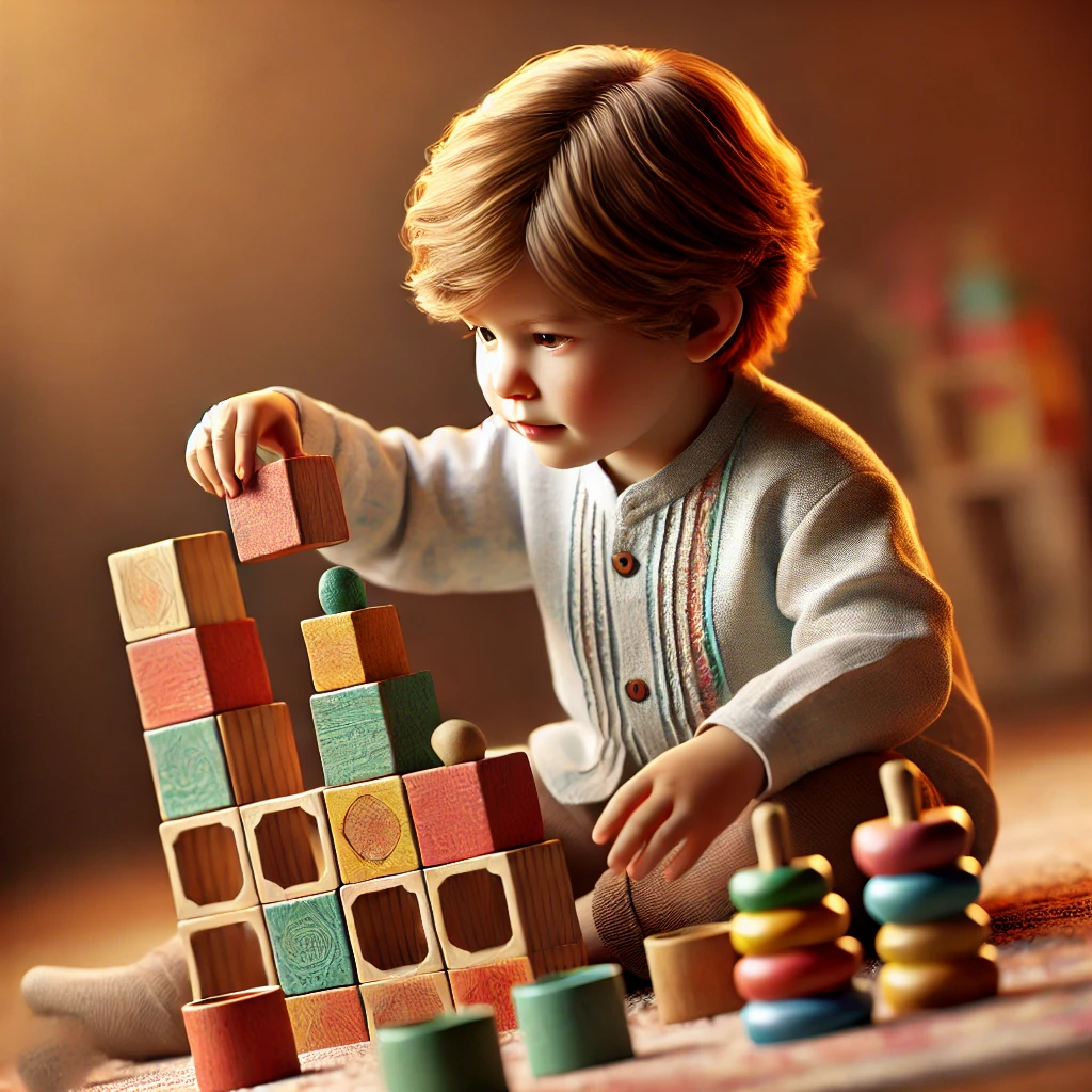 A focused toddler stacking wooden blocks while playing on the floor