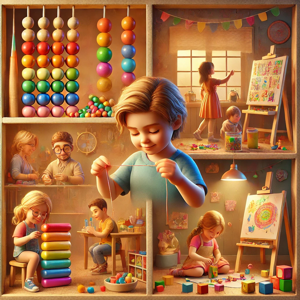 Children engaging in Montessori activities such as bead threading, painting, and solving puzzles
Montessori Toys for 6-Year-Olds