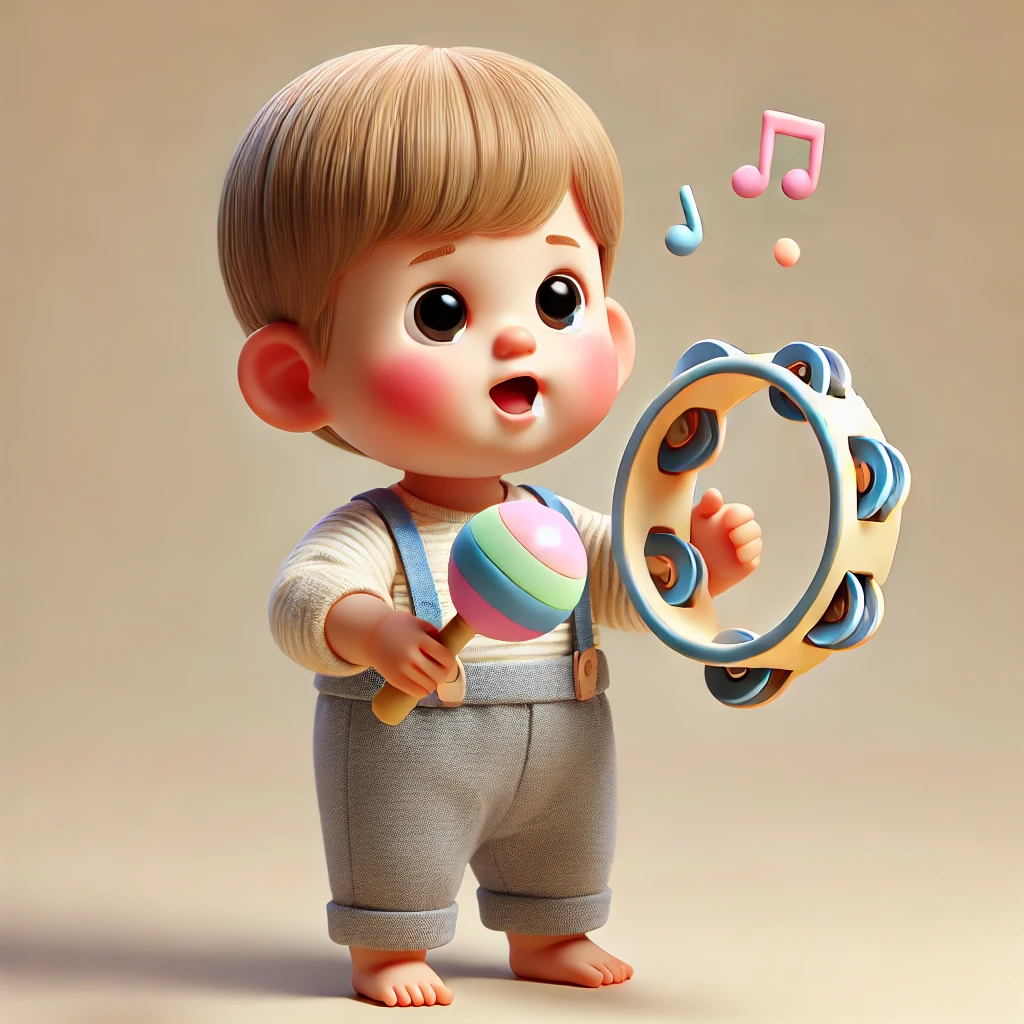 Baby exploring auditory senses with a tambourine or maraca