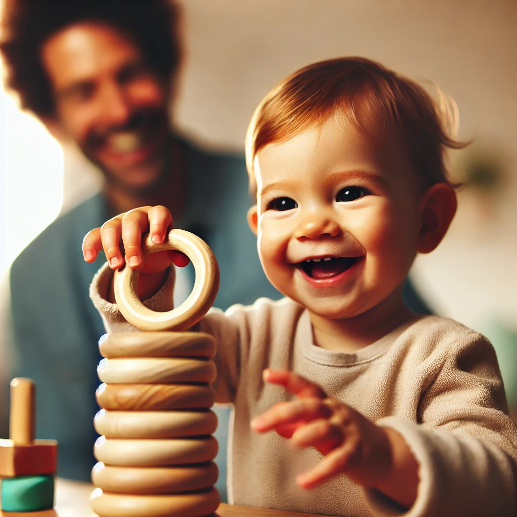 15-month-old stacking wooden rings while a parent watches with a smile, showcasing the benefits of Montessori toys