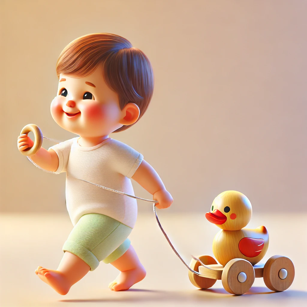 A smiling toddler pulling a wooden duck toy on wheels while taking steps