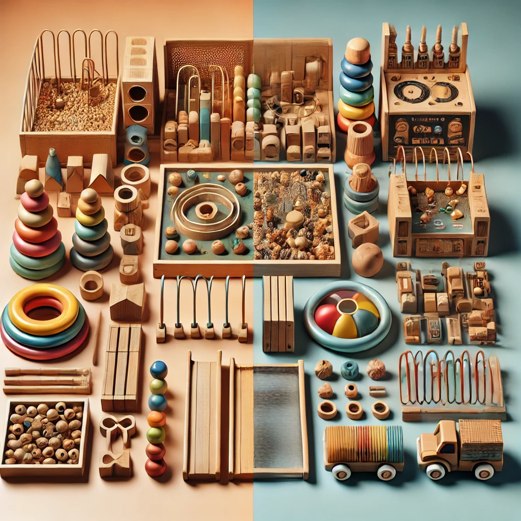 Comparison of Montessori toys made of wood and traditional toys made of plastic
