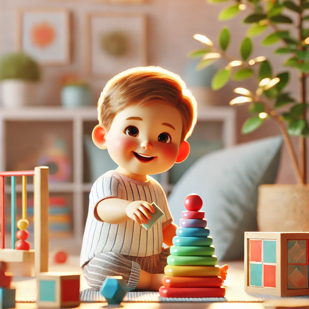 Confident toddler playing independently with Montessori toys, symbolizing growth and learning
