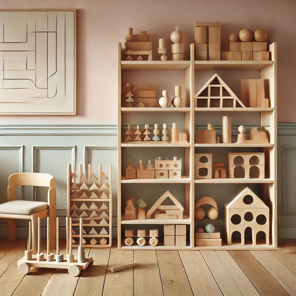 A minimalist Montessori playroom with open shelves and natural wooden toys neatly displayed