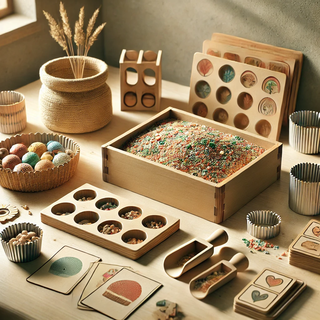 Homemade Montessori toys, including a sensory bin filled with rice and sorting flashcards