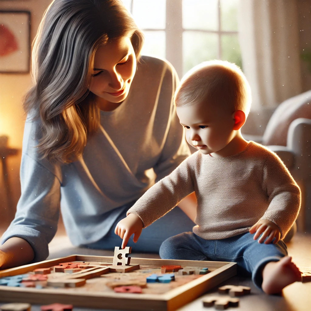 A mother sitting with her toddler, helping them solve a wooden puzzle