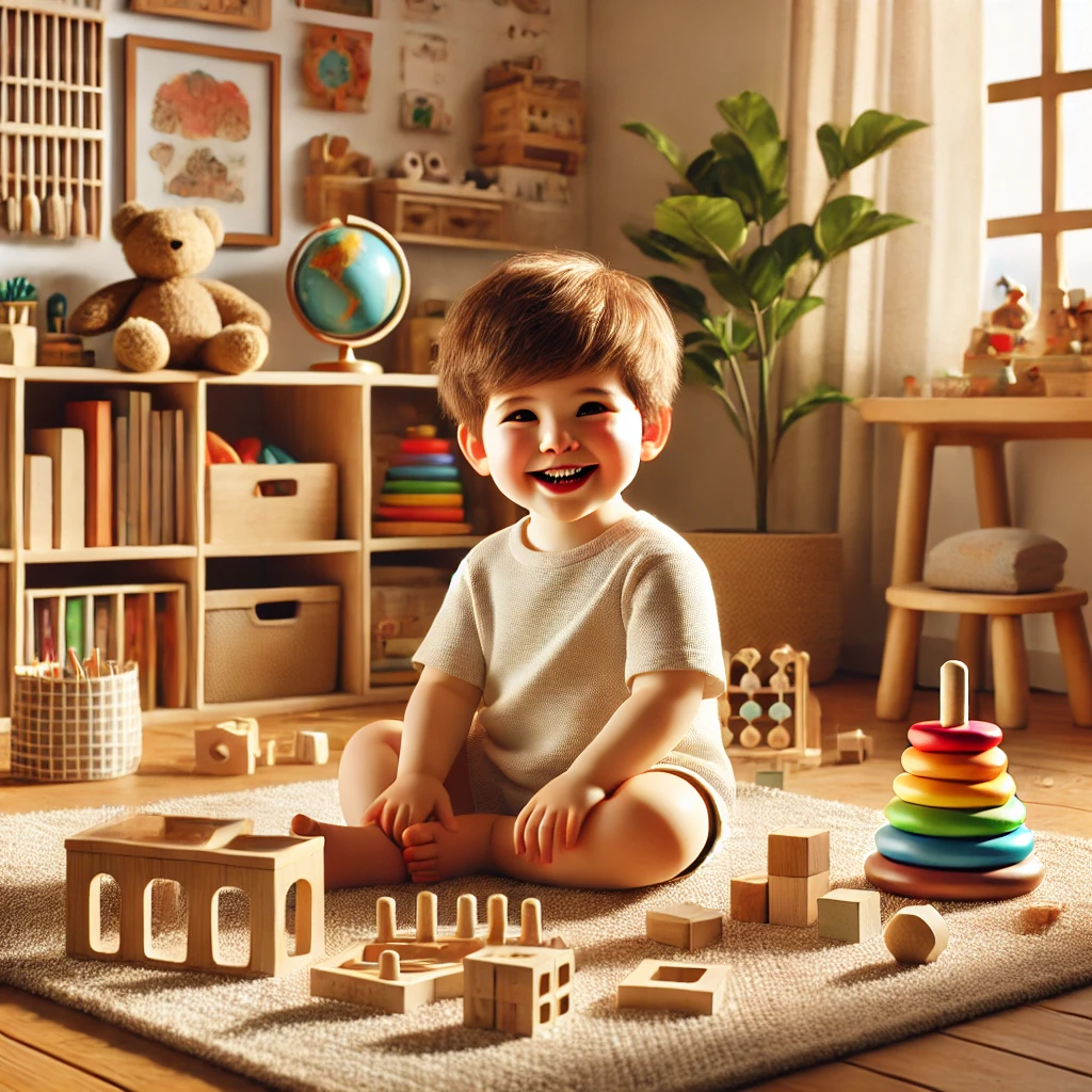 A smiling child surrounded by wooden Montessori toys, including puzzles and blocks