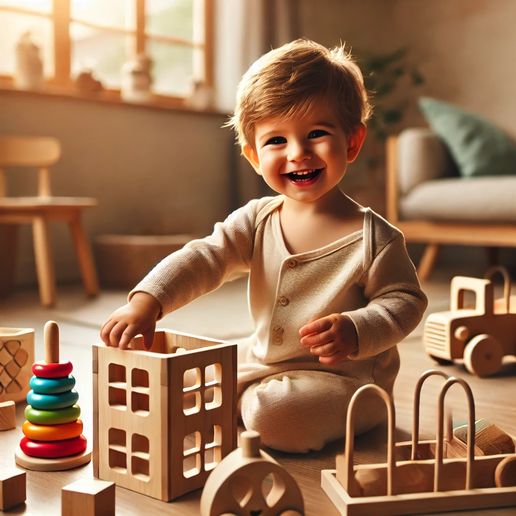 A happy 14-month-old playing independently with Montessori toys in a bright, child-friendly room