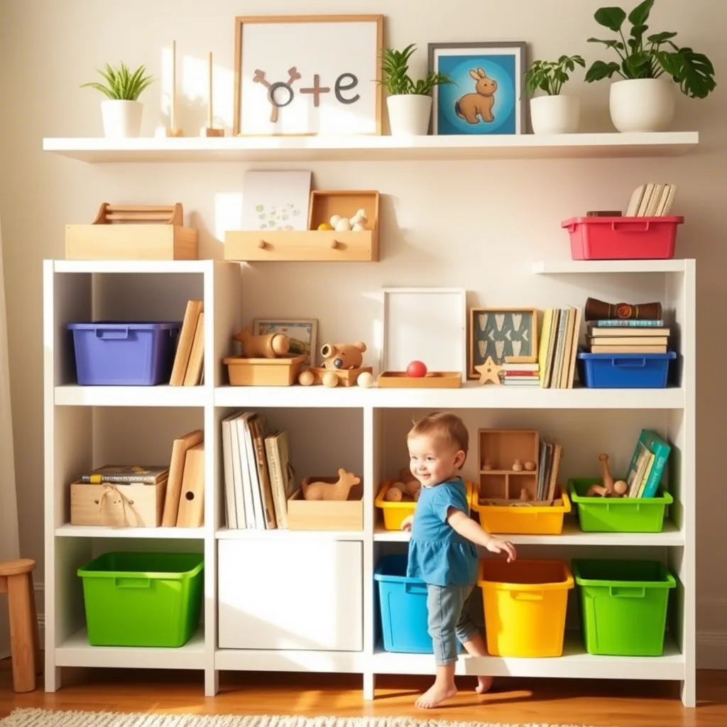 A cozy Montessori playroom featuring IKEA shelves stocked with toys, books, and bins, promoting organization and child independence.