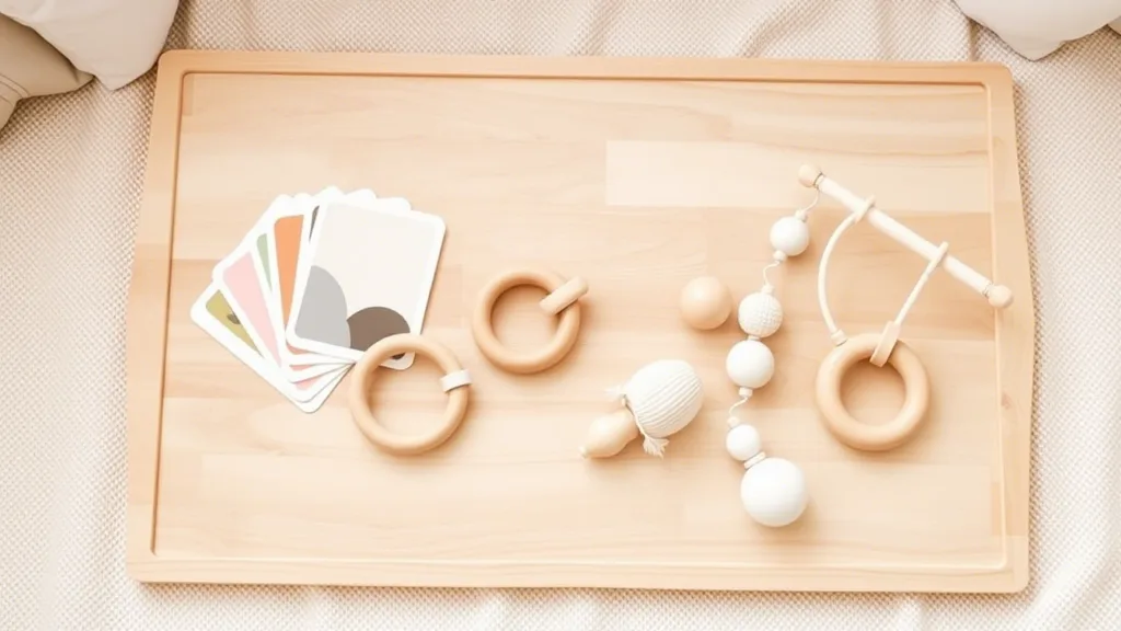 A minimalist and inviting arrangement of five essential Montessori toys for newborns, displayed on a soft, natural wooden play mat with neutral tones and gentle lighting. The scene features a high-contrast black-and-white sensory card set fanned out, a smooth wooden grasping ring, a soft organic cotton teething toy, a delicate Munari Mobile suspended above, and a tactile silicone teether resting nearby. Set against a cozy nursery background with soft pastel colors, the composition highlights natural textures like wood and fabric, evoking a calm, nurturing, and educational atmosphere inspired by Montessori principles.