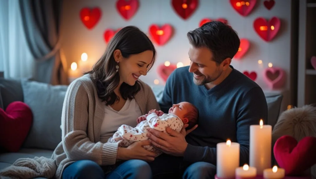 New parents celebrating Valentine’s Day at home with their baby Valentine Day Gifts for New Parents