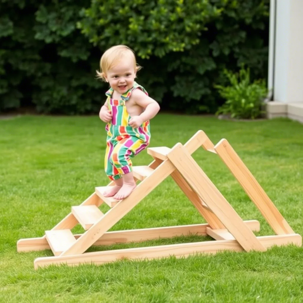 Inclined wooden Pikler triangle designed for children to climb or slide down, promoting active play and motor skill development.