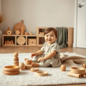 A happy toddler exploring Montessori toys in a prepared play area with natural materials and soft lighting.
