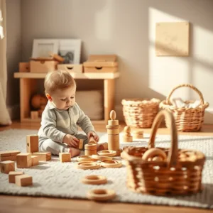 A happy baby exploring Montessori toys in a prepared play area with natural materials and soft lighting.