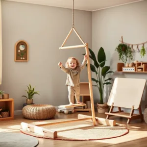 Active toddler playing on a Montessori climbing set featuring a Pikler triangle, climbing arch, and balance board in a natural playroom setting. montessori climbing set