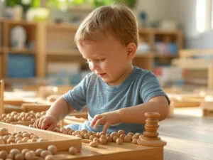 A happy toddler exploring Montessori toys in a serene and organized play space.