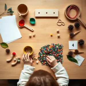 Child’s hands exploring a homemade Montessori sensory bin with colorful rice, wooden tools, and natural materials, surrounded by DIY threading beads and practical life activity supplies on a rustic table.